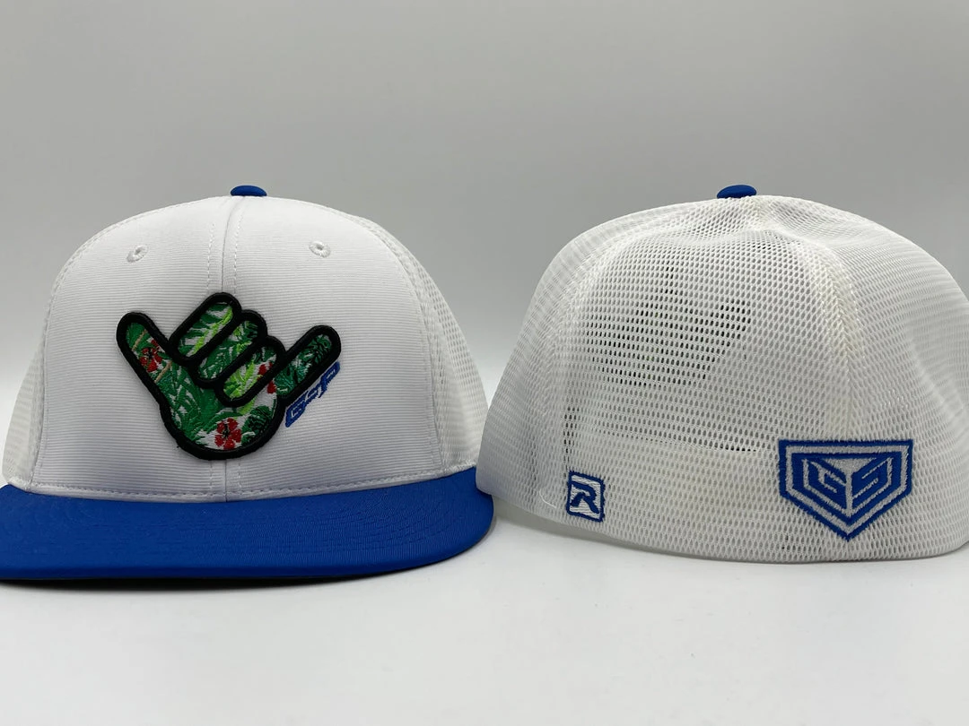 HEADWEAR GS Sports Floral Shaka PTS20M Hat - White / Royal With Black Outline 1 HEADWEAR GS Sports Floral Shaka PTS20M Hat - White / Royal With Black Outline