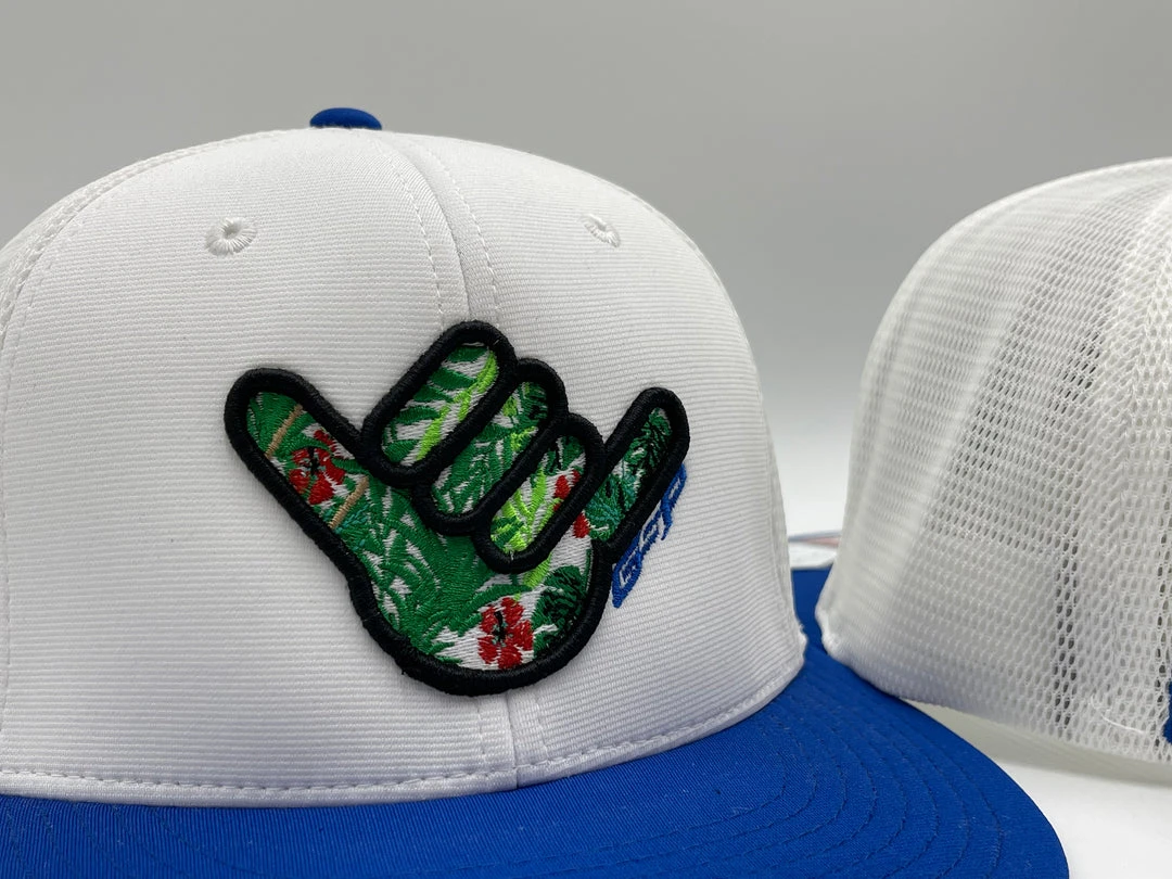 HEADWEAR GS Sports Floral Shaka PTS20M Hat - White / Royal With Black Outline 2 HEADWEAR GS Sports Floral Shaka PTS20M Hat - White / Royal With Black Outline