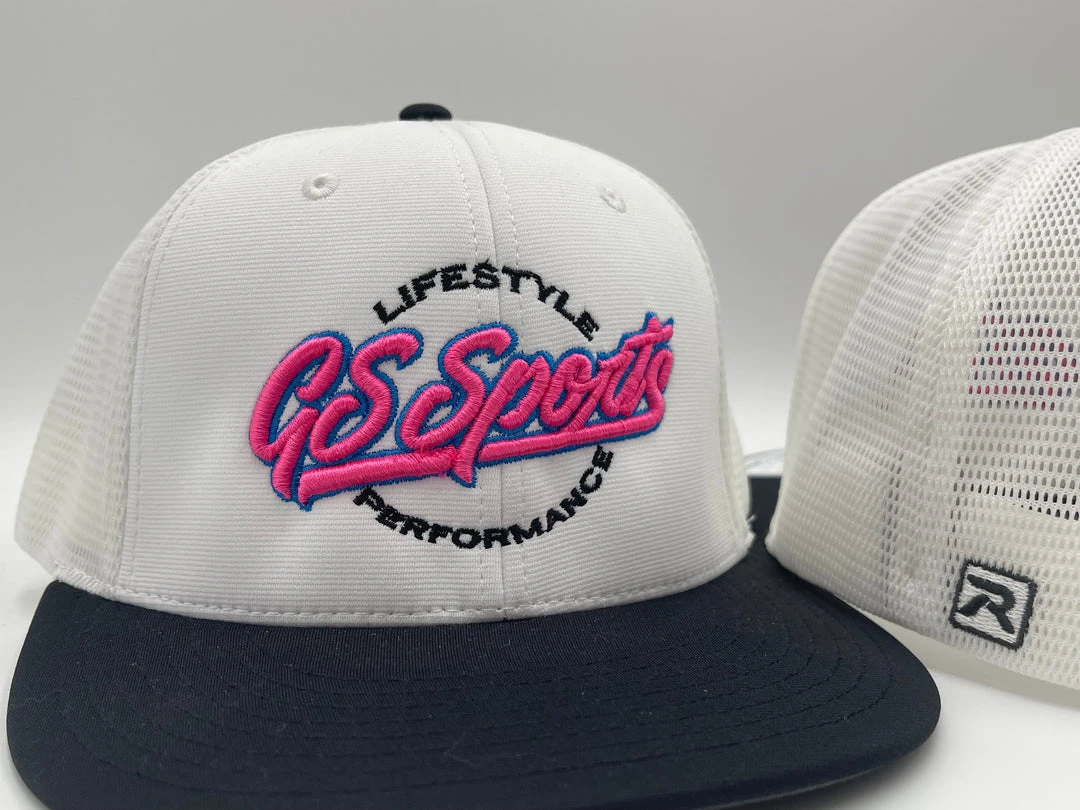 HEADWEAR GS Sports Lifestyle PTS20M Hat - White / Black With Pink Neon Blue 2 HEADWEAR GS Sports Lifestyle PTS20M Hat - White / Black With Pink Neon Blue