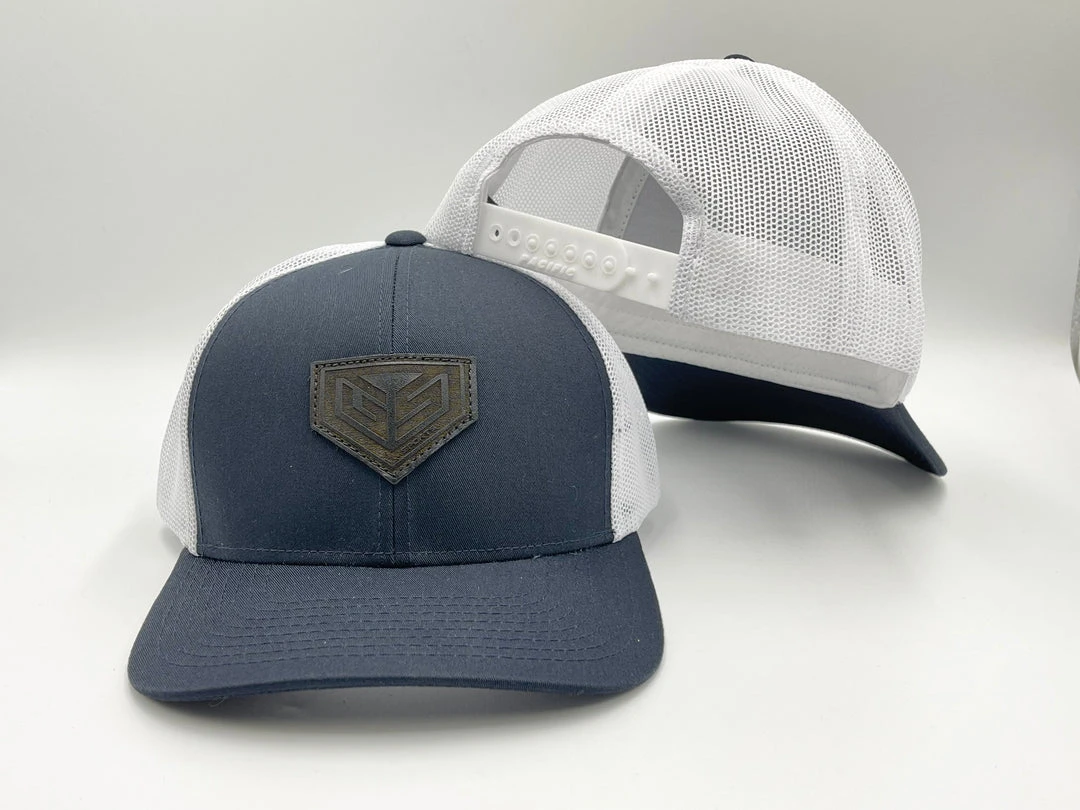 GS Sports Black Crest Leather Patch Snapback Hat - Navy / White 1 GS Sports Black Crest Leather Patch Snapback Hat - Navy / White