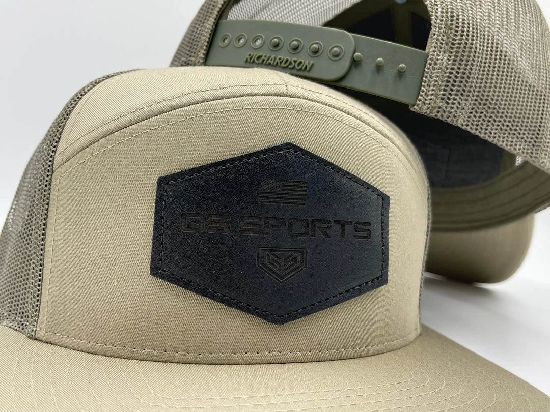 GS Sports Black Leather Patch 7 Panel Snapback Hat - Army Green 2 GS Sports Black Leather Patch 7 Panel Snapback Hat - Army Green