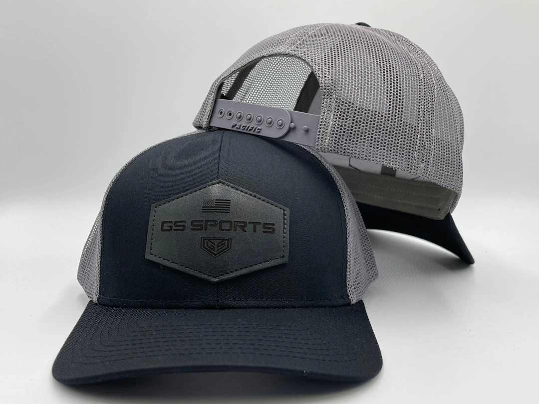 GS Sports Black Leather Patch Snapback Hat - Black / Charcoal HEADWEAR 1 GS Sports Black Leather Patch Snapback Hat - Black / Charcoal HEADWEAR