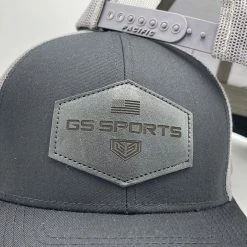 GS Sports Black Leather Patch Snapback Hat - Black / Charcoal HEADWEAR