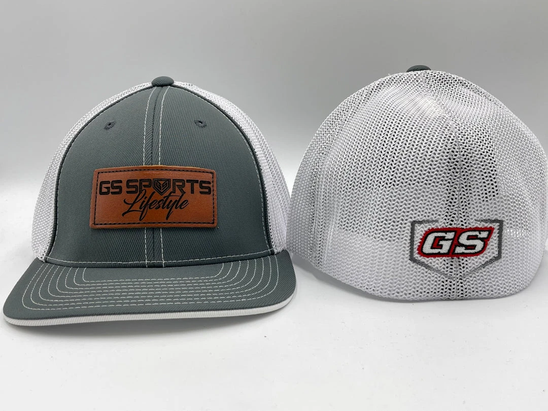 HEADWEAR GS Sports Lifestyle Tan Leather Patch 404M Hat - Grey / White 1 HEADWEAR GS Sports Lifestyle Tan Leather Patch 404M Hat - Grey / White