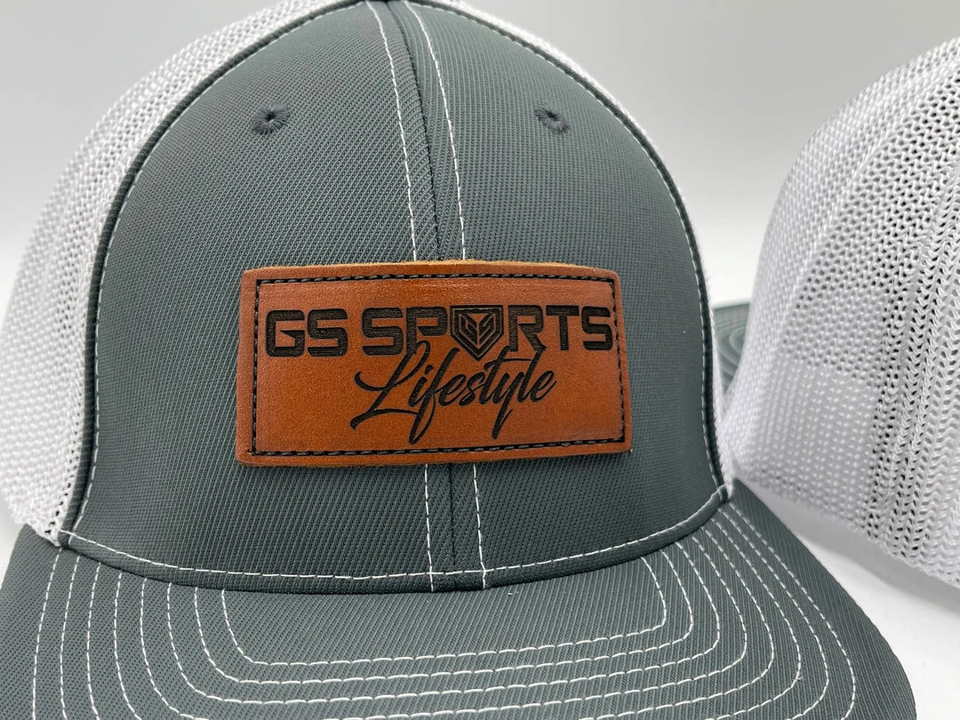 HEADWEAR GS Sports Lifestyle Tan Leather Patch 404M Hat - Grey / White 2 HEADWEAR GS Sports Lifestyle Tan Leather Patch 404M Hat - Grey / White