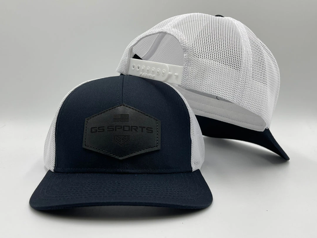HEADWEAR GS Sports Black Leather Patch Snapback Hat - Navy / White 1 HEADWEAR GS Sports Black Leather Patch Snapback Hat - Navy / White