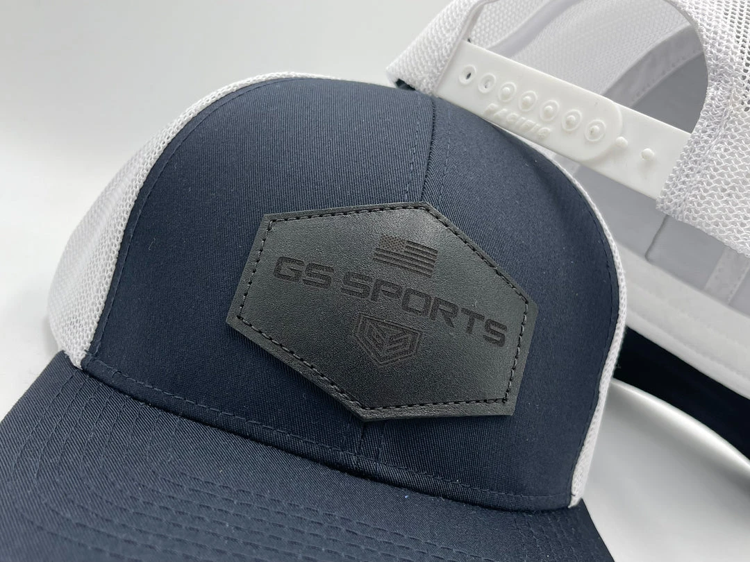 HEADWEAR GS Sports Black Leather Patch Snapback Hat - Navy / White 2 HEADWEAR GS Sports Black Leather Patch Snapback Hat - Navy / White