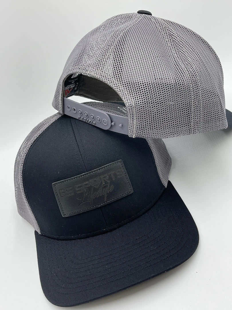 HEADWEAR GS Sports Lifestyle Black Leather Patch Snapback Hat - Black / Charcoal 2 HEADWEAR GS Sports Lifestyle Black Leather Patch Snapback Hat - Black / Charcoal