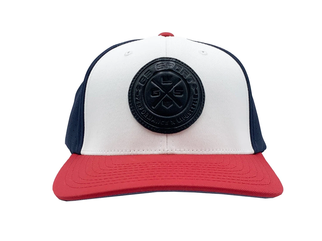 GS Sports United Performance Hat - White / Navy / Red With Black Leather Patch HEADWEAR 1 GS Sports United Performance Hat - White / Navy / Red With Black Leather Patch HEADWEAR