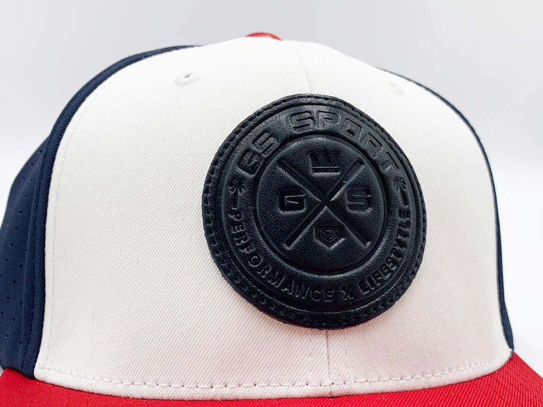 GS Sports United Performance Hat - White / Navy / Red With Black Leather Patch HEADWEAR 2 GS Sports United Performance Hat - White / Navy / Red With Black Leather Patch HEADWEAR
