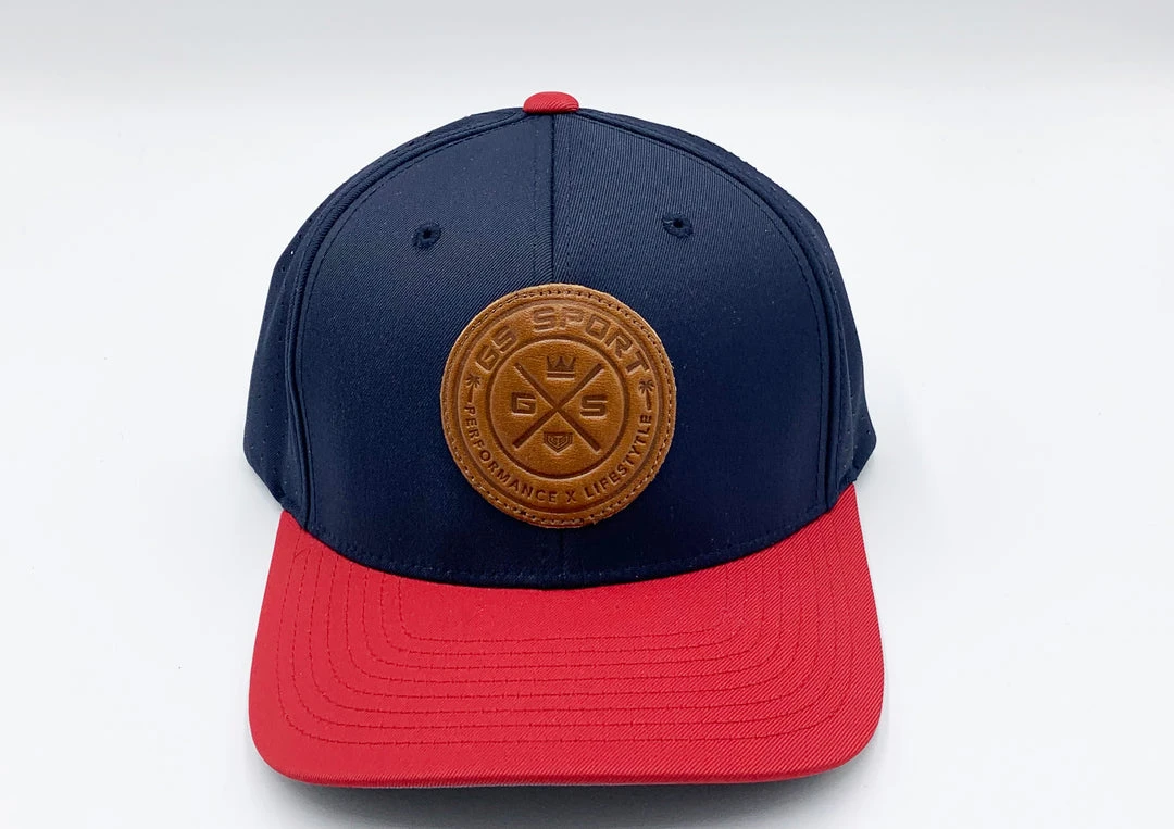GS Sports United Performance Hat - Navy / Red With Tan Leather Patch 1 GS Sports United Performance Hat - Navy / Red With Tan Leather Patch