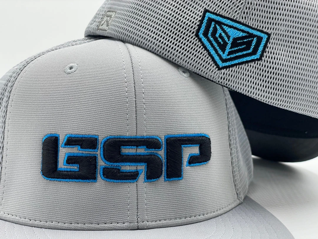 GS Sports HEADWEAR GSP PTS20M Hat - Grey With Black/Neon Blue Outline 2 GS Sports HEADWEAR GSP PTS20M Hat - Grey With Black/Neon Blue Outline