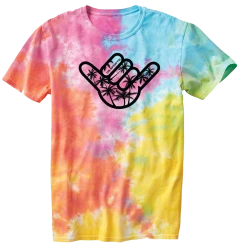 APPAREL GS Sports Tie Dye Tees - Palm Tree Shaka, Boxed, GS Sports Wordmark