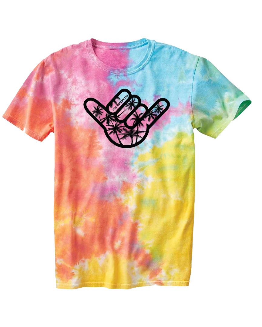 APPAREL GS Sports Tie Dye Tees - Palm Tree Shaka, Boxed, GS Sports Wordmark 1 APPAREL GS Sports Tie Dye Tees - Palm Tree Shaka, Boxed, GS Sports Wordmark