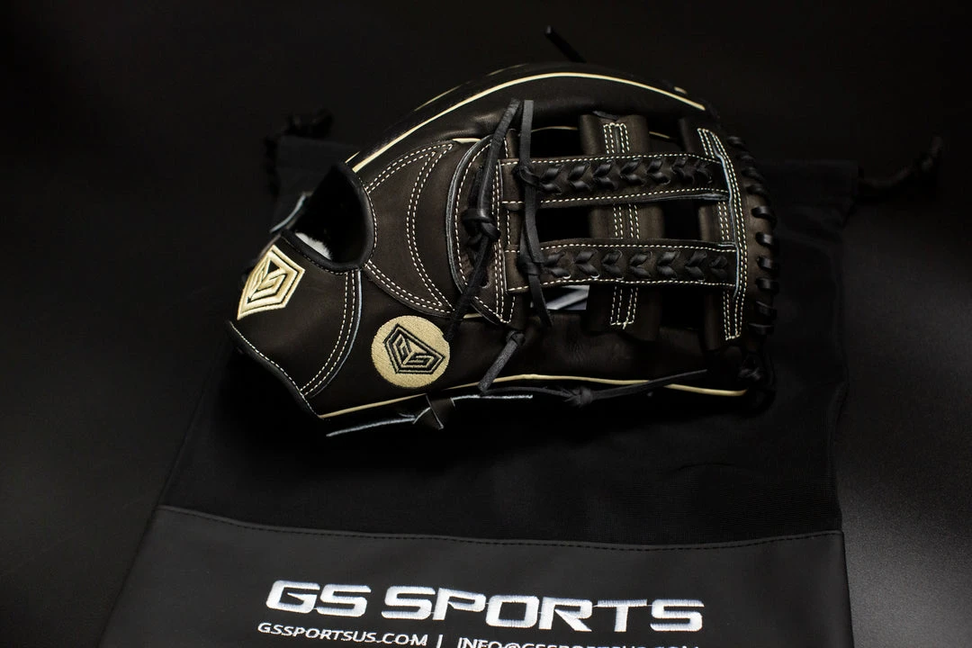 Ball Gloves GS Sports Pro Series 13" And 12.5" Laced H Web Ball Glove - Black With Carbon Fiber And Gold 4 Ball Gloves GS Sports Pro Series 13" And 12.5" Laced H Web Ball Glove - Black With Carbon Fiber And Gold