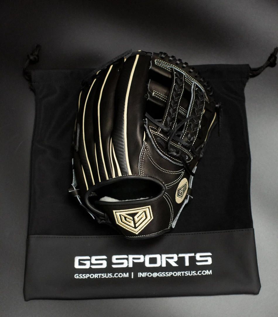 Ball Gloves GS Sports Pro Series 13" And 12.5" Laced H Web Ball Glove - Black With Carbon Fiber And Gold 8 Ball Gloves GS Sports Pro Series 13" And 12.5" Laced H Web Ball Glove - Black With Carbon Fiber And Gold