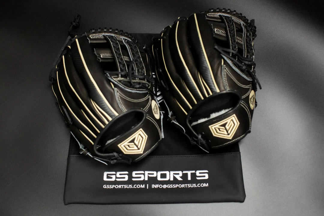 Ball Gloves GS Sports Pro Series 13" And 12.5" Laced H Web Ball Glove - Black With Carbon Fiber And Gold 1 Ball Gloves GS Sports Pro Series 13" And 12.5" Laced H Web Ball Glove - Black With Carbon Fiber And Gold