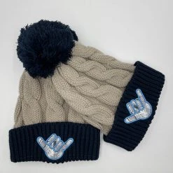 HEADWEAR GS Sports Crest Chunky Twist Pom Pom Beanie - Tan/Navy Shaka