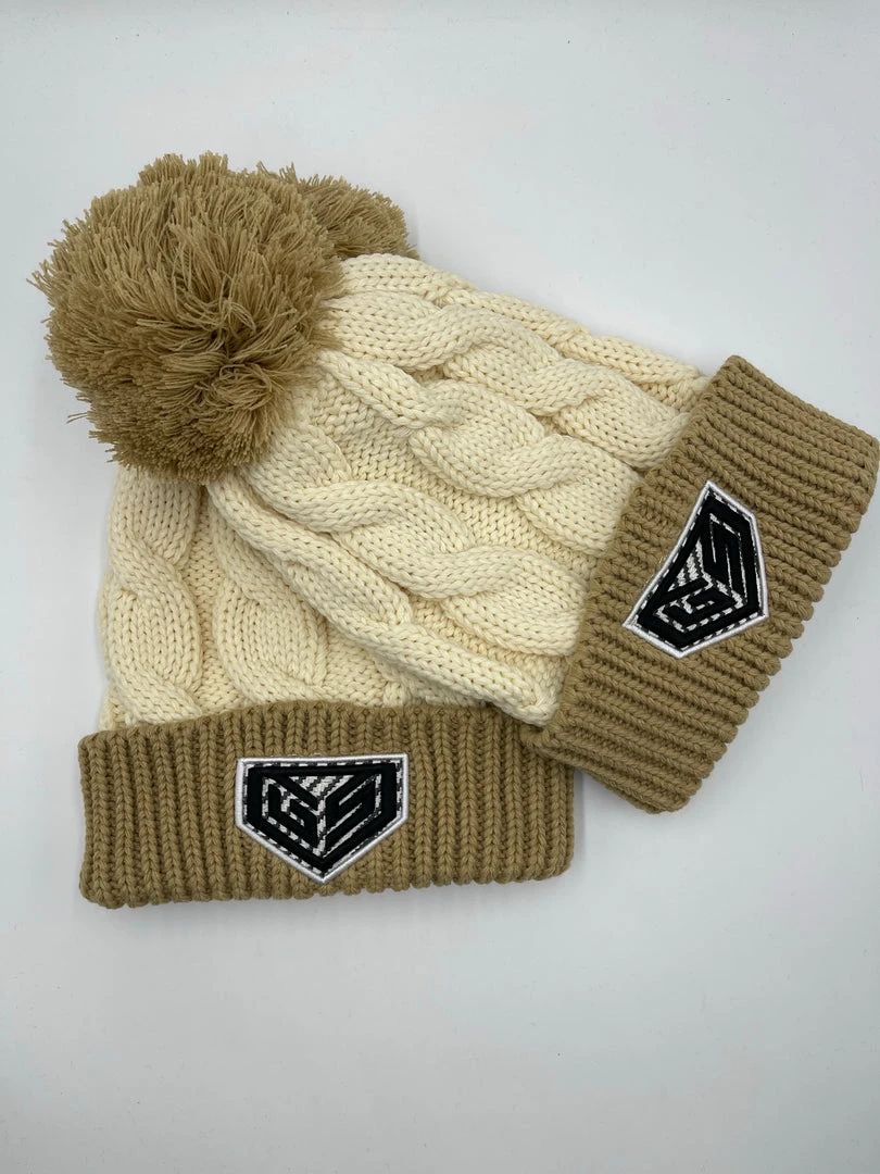 GS Sports Crest Chunky Twist Pom Pom Beanie - Tan / Mocha 1 GS Sports Crest Chunky Twist Pom Pom Beanie - Tan / Mocha