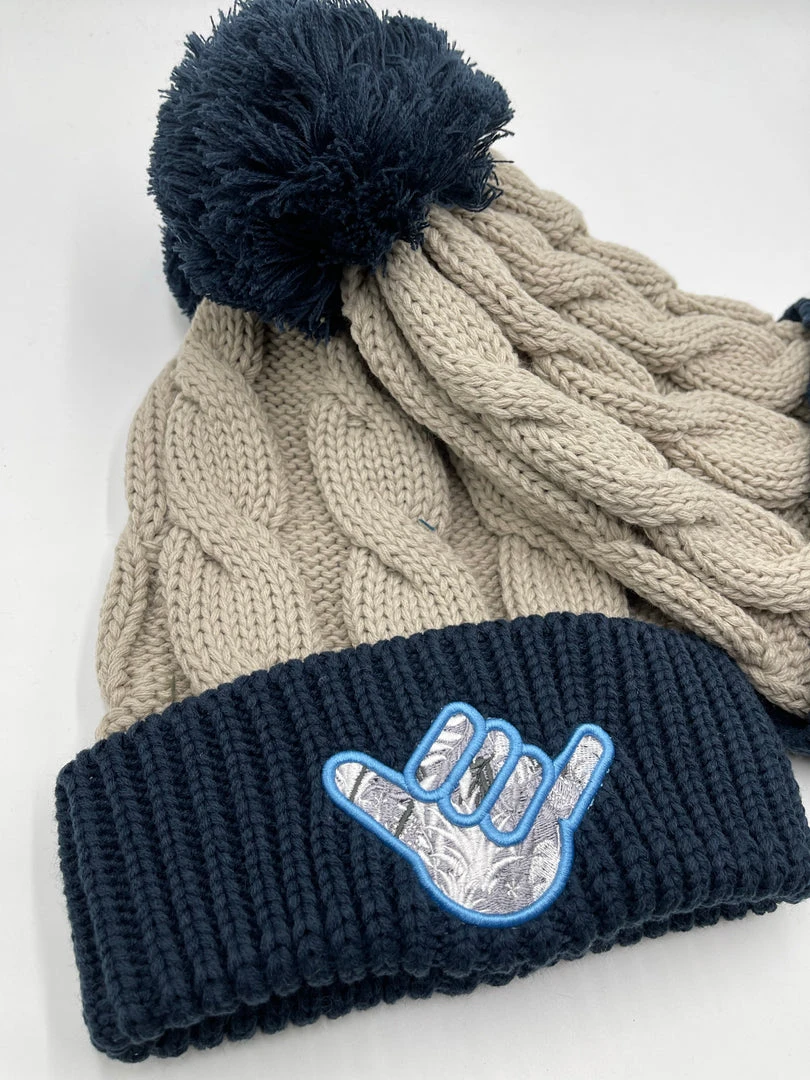 HEADWEAR GS Sports Crest Chunky Twist Pom Pom Beanie - Tan/Navy Shaka 2 HEADWEAR GS Sports Crest Chunky Twist Pom Pom Beanie - Tan/Navy Shaka