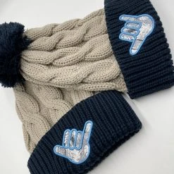 HEADWEAR GS Sports Crest Chunky Twist Pom Pom Beanie - Tan/Navy Shaka 5 HEADWEAR GS Sports Crest Chunky Twist Pom Pom Beanie - Tan/Navy Shaka