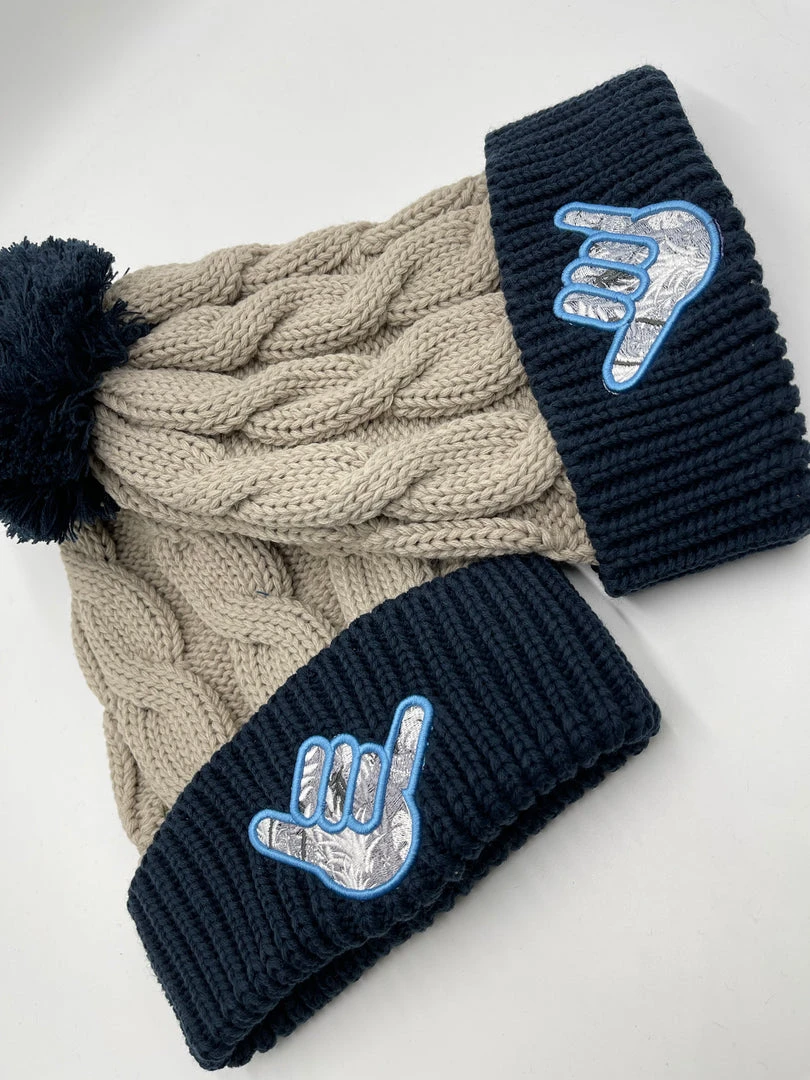 HEADWEAR GS Sports Crest Chunky Twist Pom Pom Beanie - Tan/Navy Shaka 3 HEADWEAR GS Sports Crest Chunky Twist Pom Pom Beanie - Tan/Navy Shaka