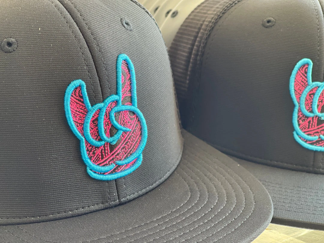 GS Sports HEADWEAR GSP Rock On Tribal PTS20M Hat - Black With Cyan/Pink 2 GS Sports HEADWEAR GSP Rock On Tribal PTS20M Hat - Black With Cyan/Pink