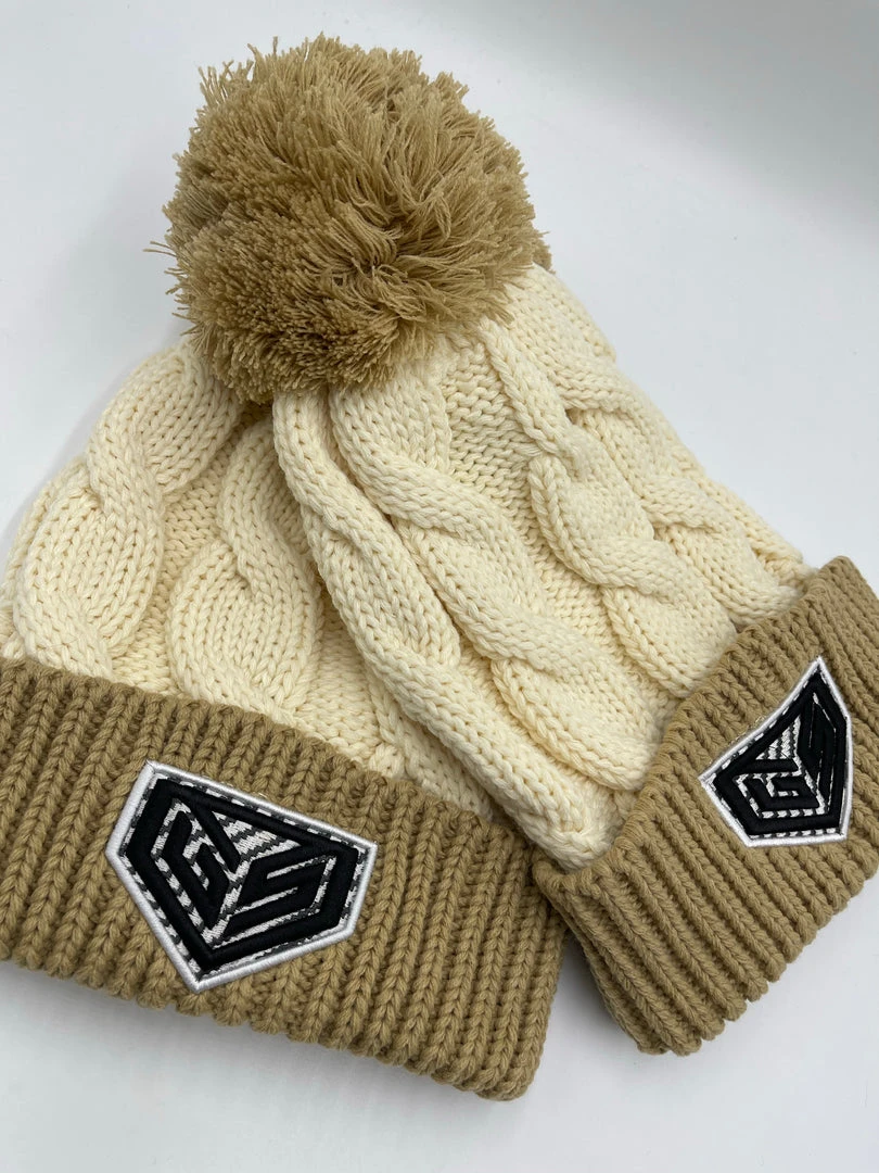 GS Sports Crest Chunky Twist Pom Pom Beanie - Tan / Mocha 2 GS Sports Crest Chunky Twist Pom Pom Beanie - Tan / Mocha
