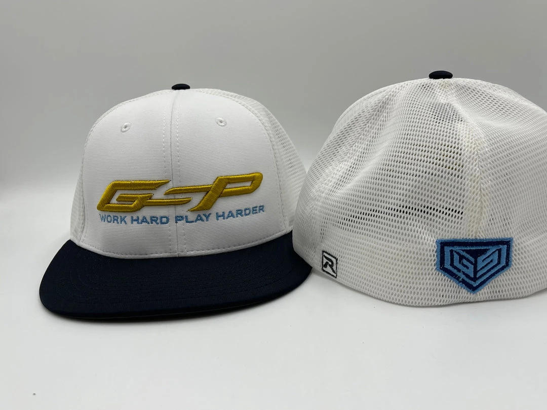HEADWEAR GS Sports GSP Work Hard Play Harder PTS20 Hats - White/ Navy With Gold And Powder Blue 1 HEADWEAR GS Sports GSP Work Hard Play Harder PTS20 Hats - White/ Navy With Gold And Powder Blue