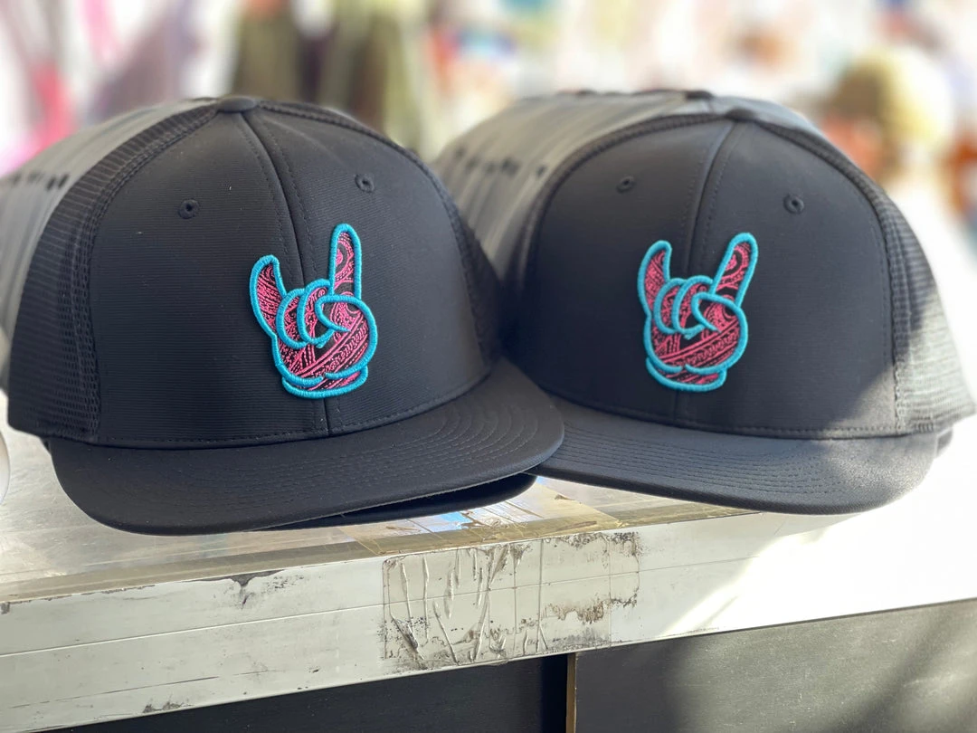 GS Sports HEADWEAR GSP Rock On Tribal PTS20M Hat - Black With Cyan/Pink 1 GS Sports HEADWEAR GSP Rock On Tribal PTS20M Hat - Black With Cyan/Pink
